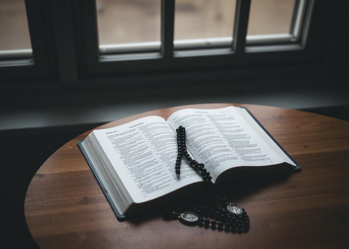 Biblia abierta y rosario junto a una ventana